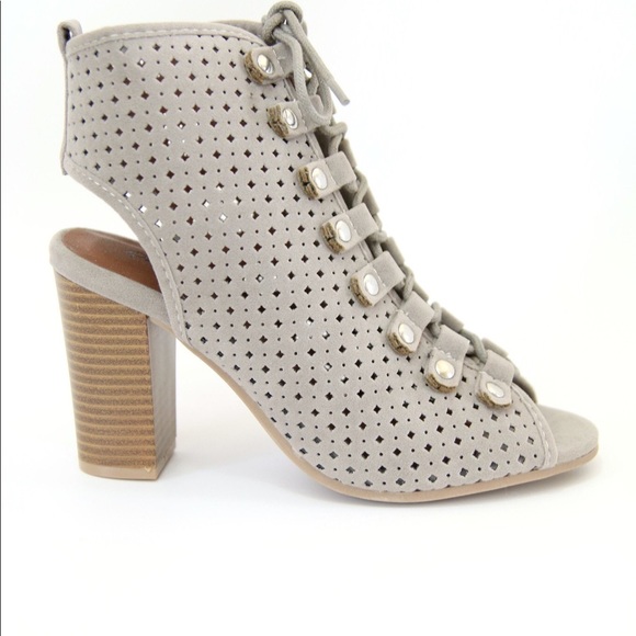 Laser Cut Lace Up Peep Toe Gray Booties - Picture 2 of 5